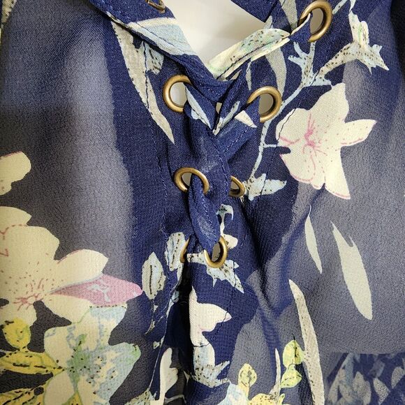 Umgee Womens Swim Coverup Sz Medium Sheer Floral Blue Sleeveless Ties Mini Dress - Picture 6 of 10